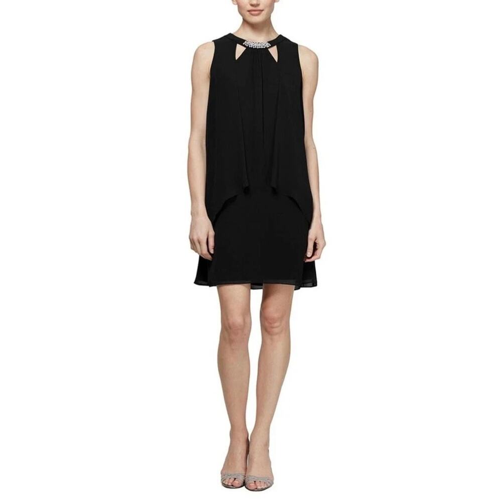 SLNY Fashions Black Sleeveless Cutout Pearl Neck Chiffon Shift Dress 16